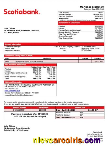 Ireland Scotiabank mortgage statement Word and PDF template